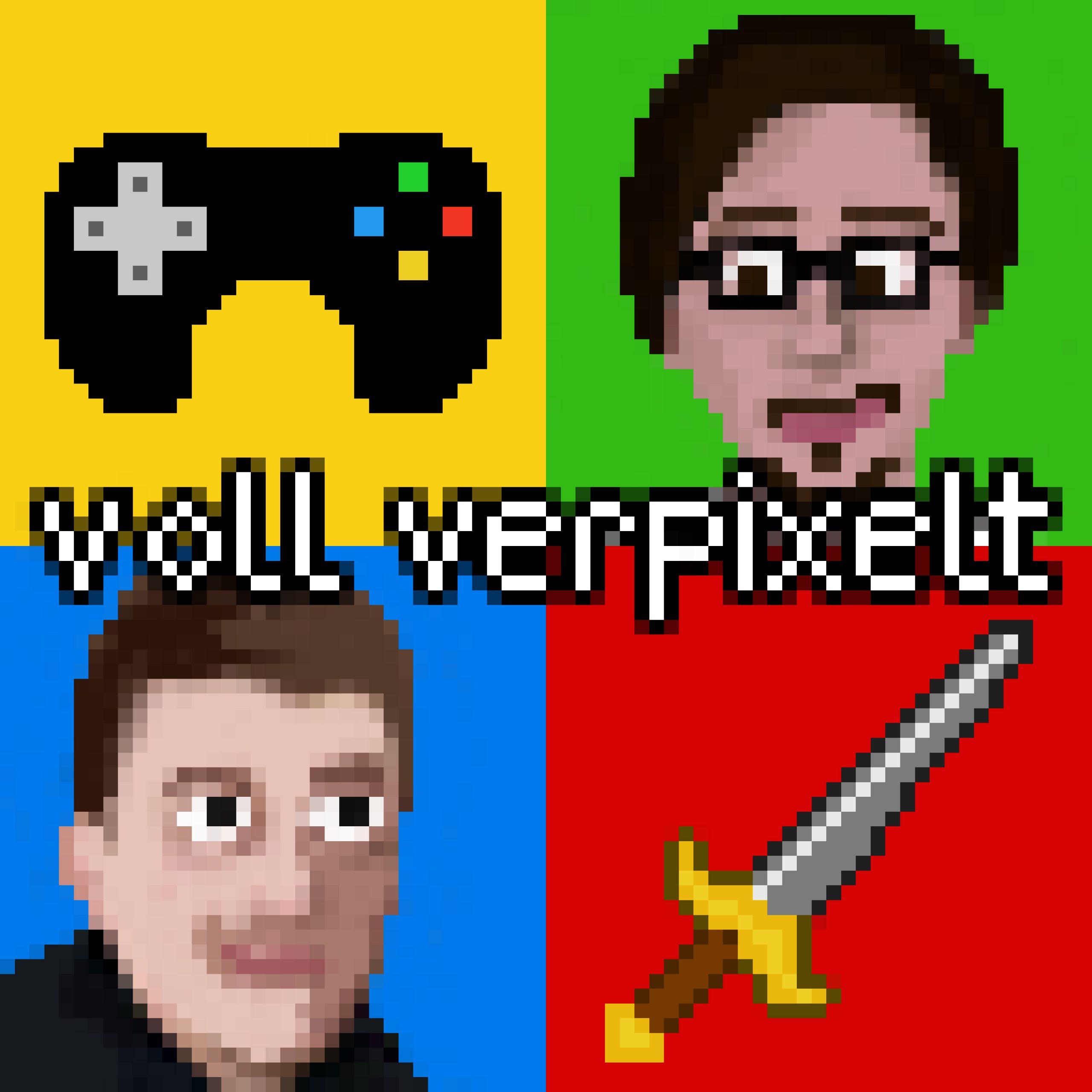 Logo des Gaming-Podcasts "voll verpixelt"; zeigt, unter anderem, die Modertoren Johannes Repp und Felix T. Vogel im Pixel-Look
